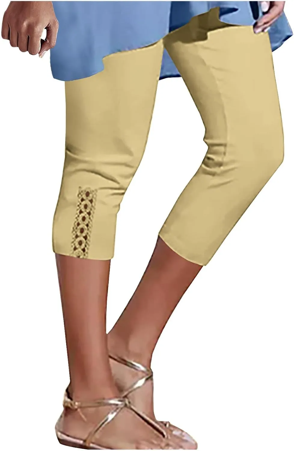 Womens Capri Leggings Summer Beach Cropped Pants Workout Joggers Hollow Out Stretchy Yoga Lounge Trouser with Pocket