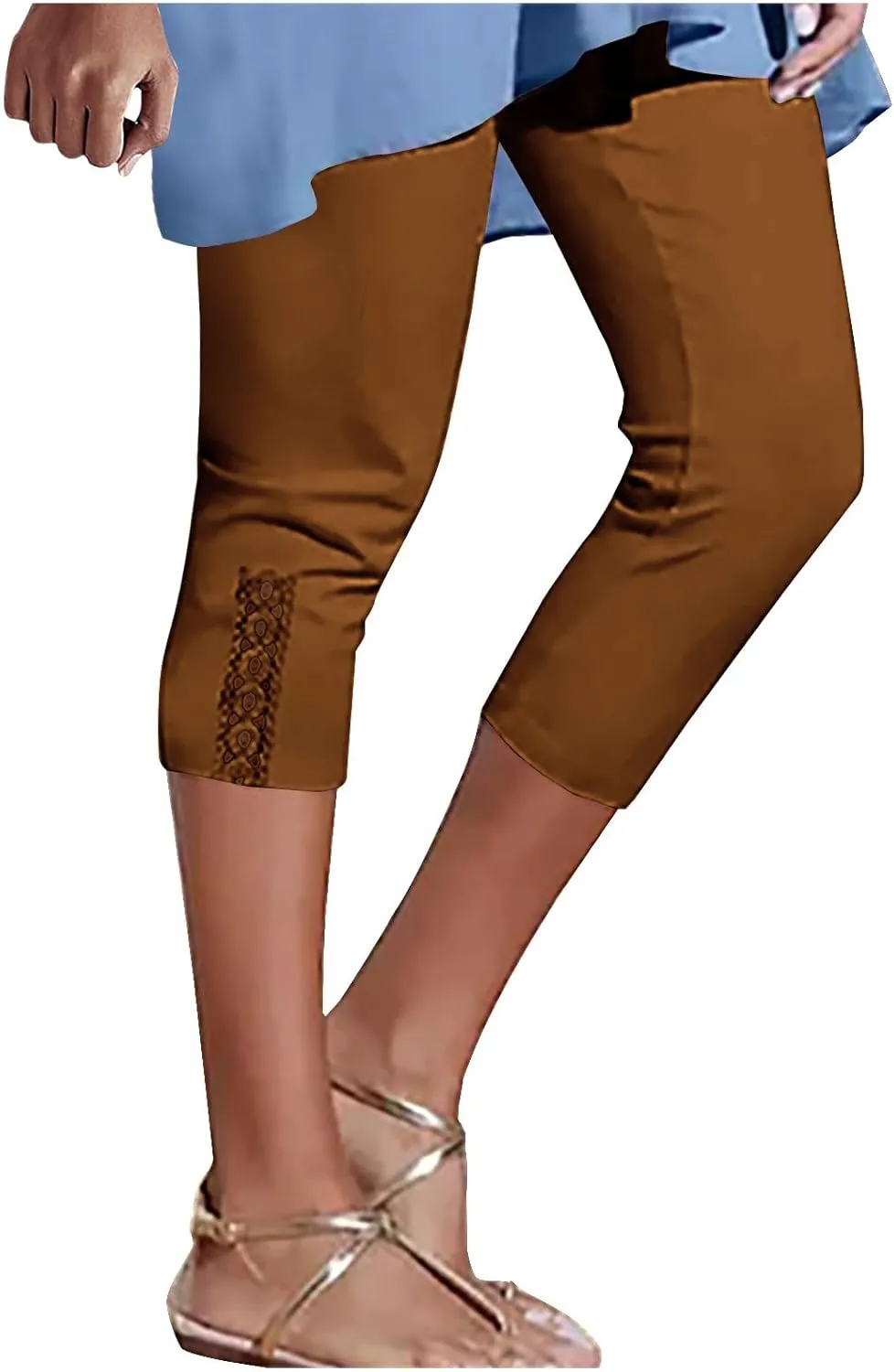 Womens Capri Leggings Summer Beach Cropped Pants Workout Joggers Hollow Out Stretchy Yoga Lounge Trouser with Pocket