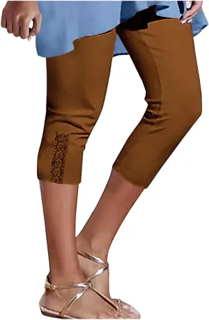 Womens Capri Leggings Summer Beach Cropped Pants Workout Joggers Hollow Out Stretchy Yoga Lounge Trouser with Pocket