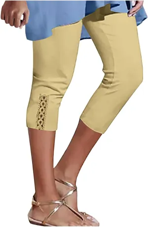 Womens Capri Leggings Summer Beach Cropped Pants Workout Joggers Hollow Out Stretchy Yoga Lounge Trouser with Pocket