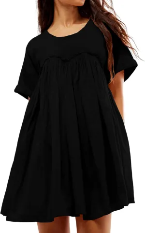 Womens Casual Summer Dress Short Sleeve Crewneck T Shirt Dresses Plus Size Patchwork Flowy Swing Mini Dress