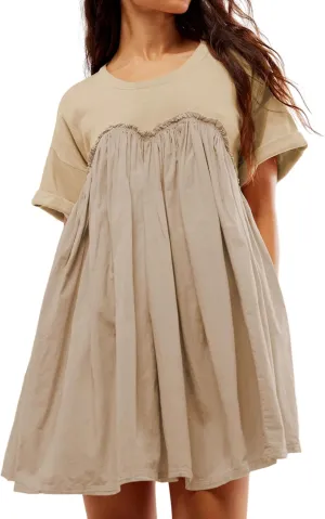 Womens Casual Summer Dress Short Sleeve Crewneck T Shirt Dresses Plus Size Patchwork Flowy Swing Mini Dress