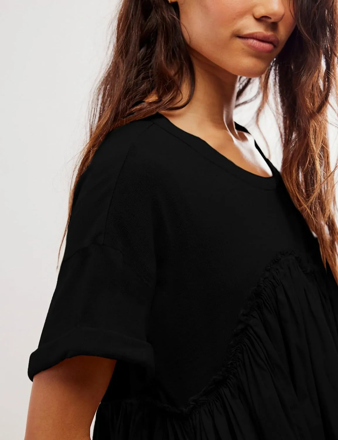 Womens Casual Summer Dress Short Sleeve Crewneck T Shirt Dresses Plus Size Patchwork Flowy Swing Mini Dress