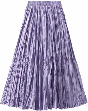 Women's Casual Trendy Classic Midi Wrinkled Skirt A-Line Elastic Waist Swing Pleated Fall Winter Solid Color Skirts