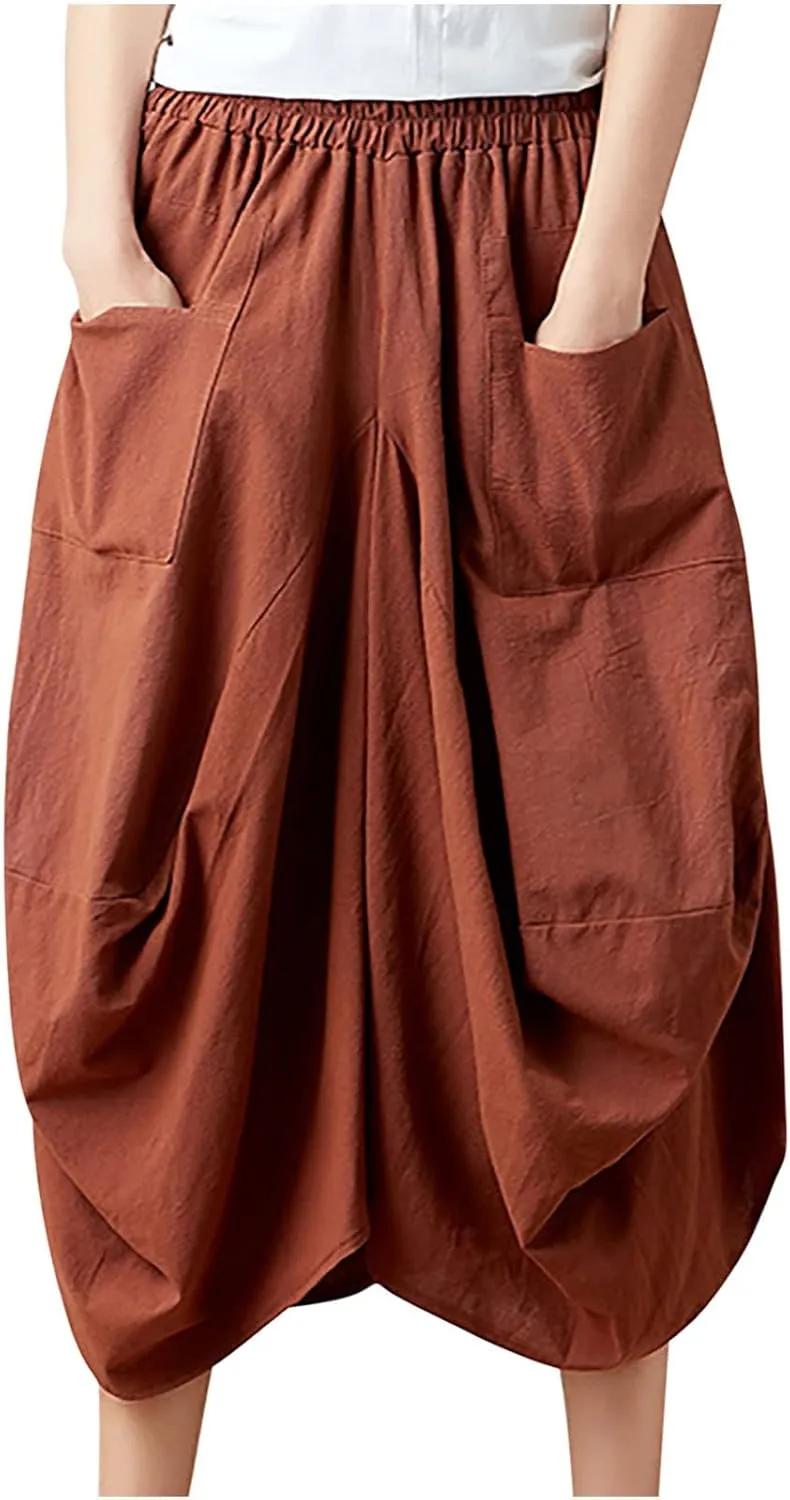 Women's Cotton Linen Harem Skirt Loose Fit Baggy Midi Skirts with Pockets Casual Boho Beach Dress Streetwear