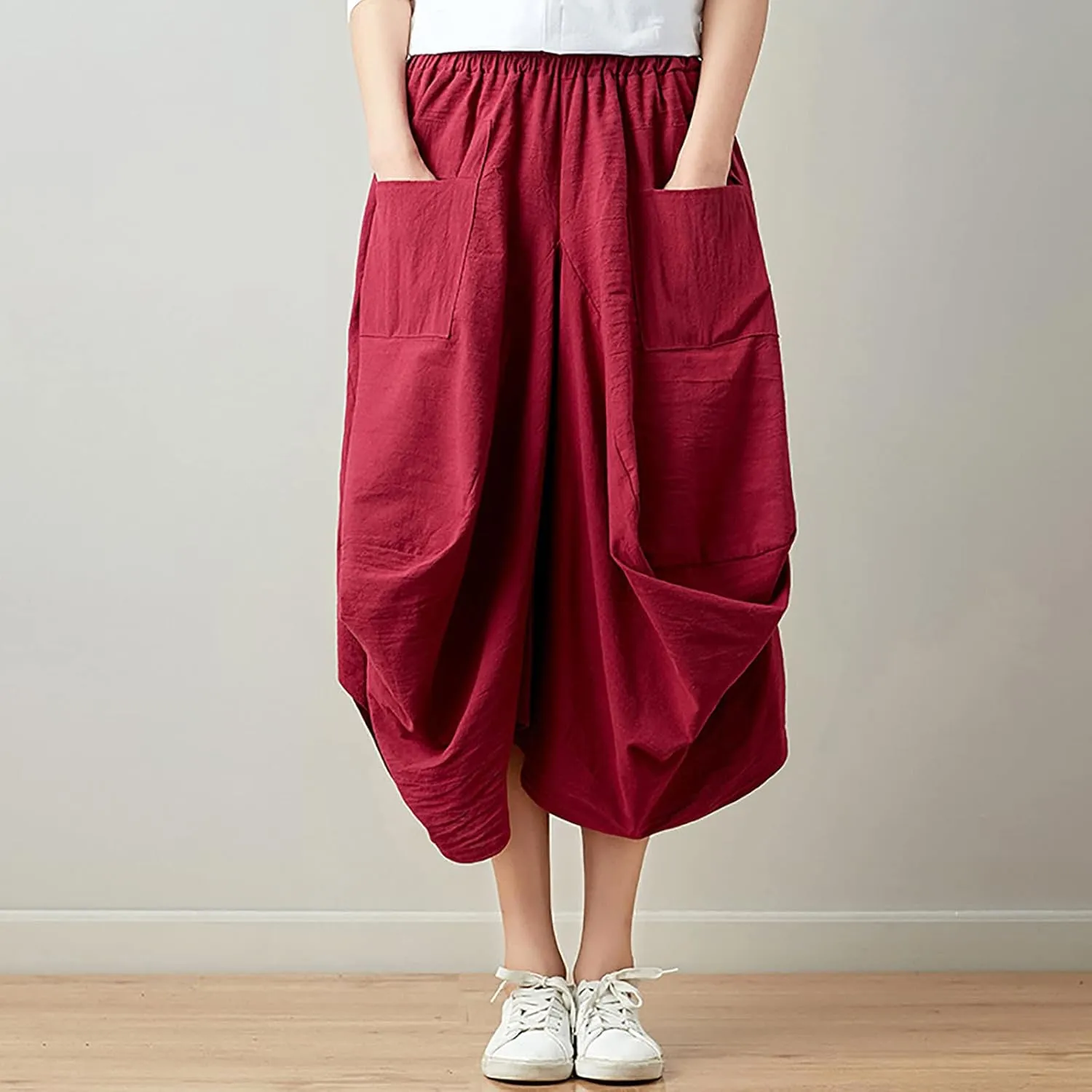 Women's Cotton Linen Harem Skirt Loose Fit Baggy Midi Skirts with Pockets Casual Boho Beach Dress Streetwear
