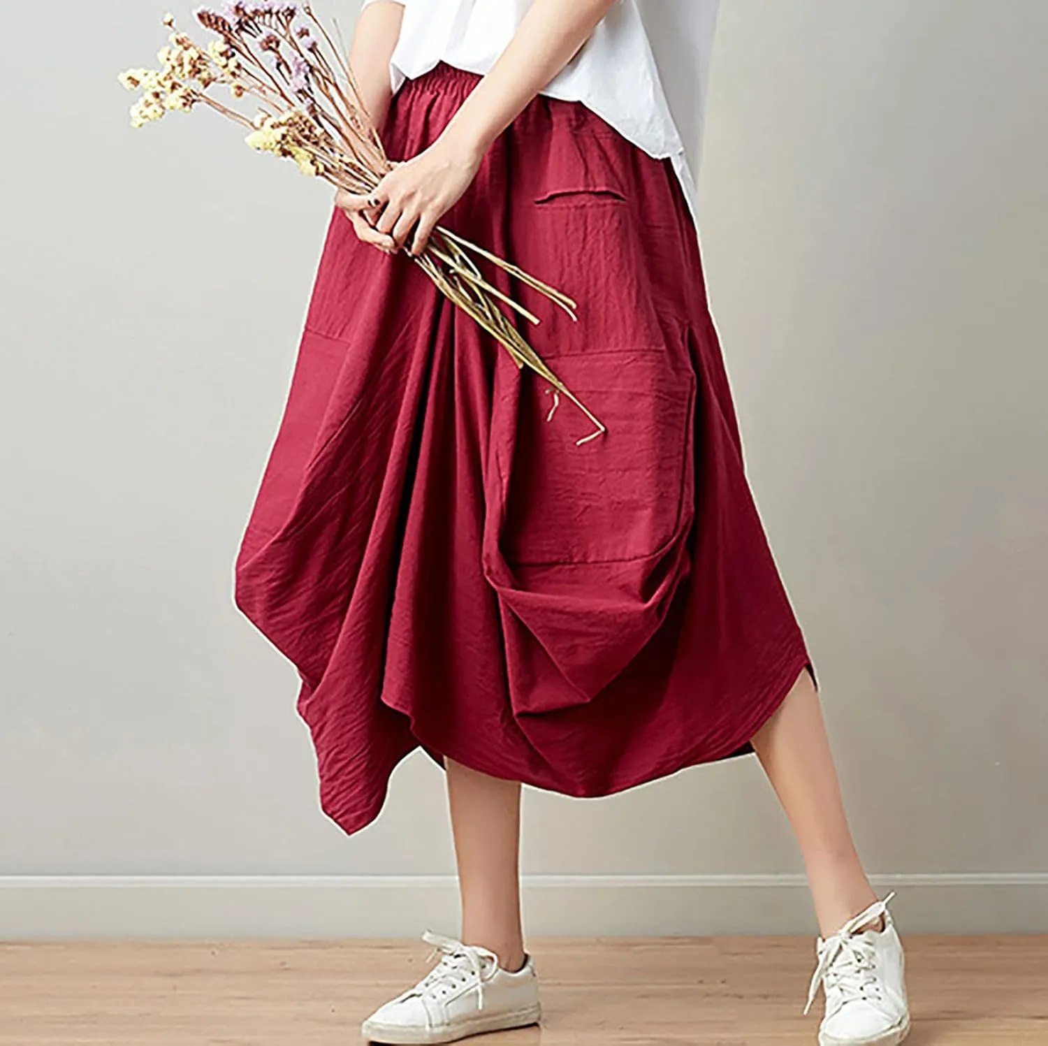 Women's Cotton Linen Harem Skirt Loose Fit Baggy Midi Skirts with Pockets Casual Boho Beach Dress Streetwear
