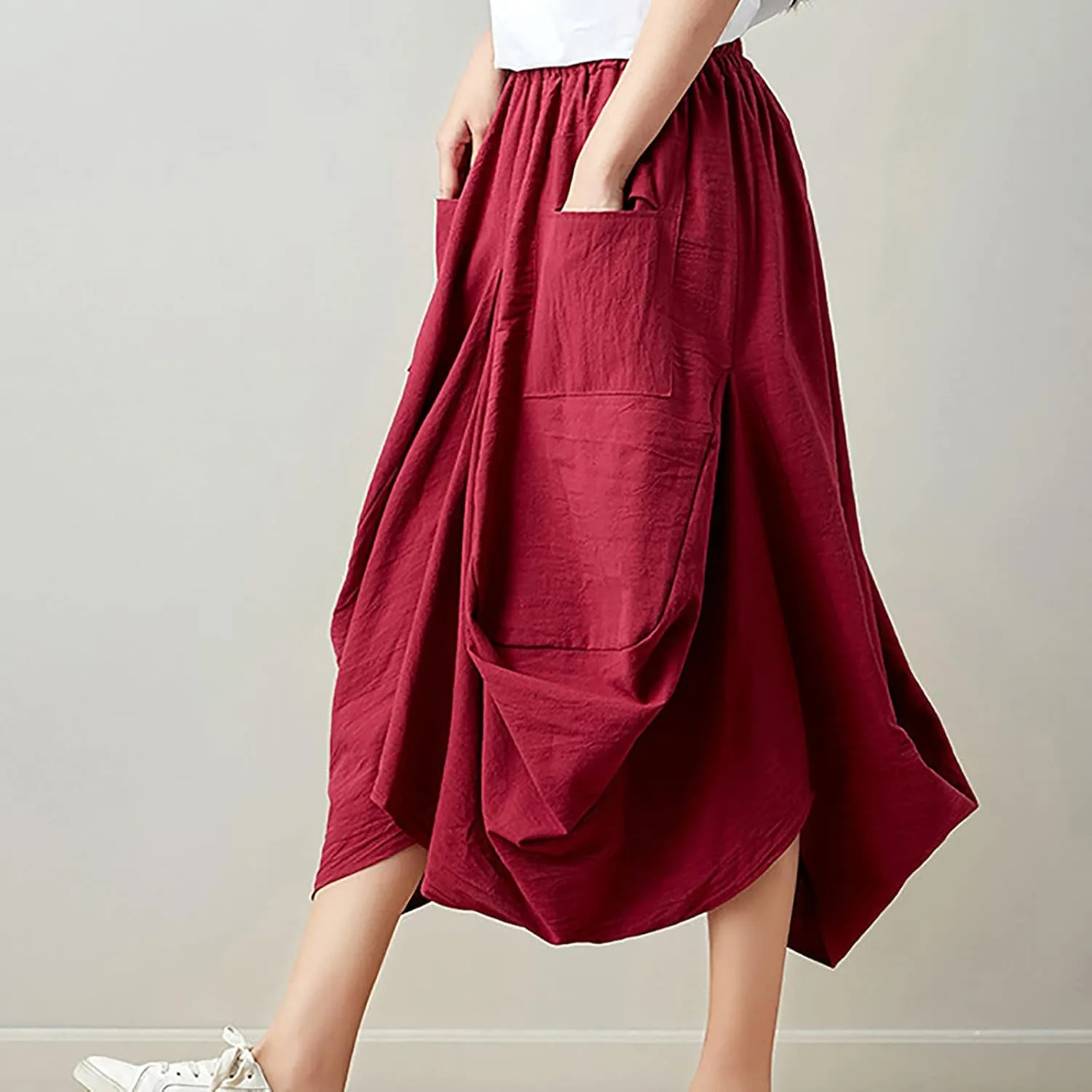 Women's Cotton Linen Harem Skirt Loose Fit Baggy Midi Skirts with Pockets Casual Boho Beach Dress Streetwear