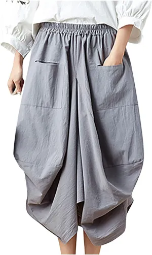 Women's Cotton Linen Harem Skirt Loose Fit Baggy Midi Skirts with Pockets Casual Boho Beach Dress Streetwear