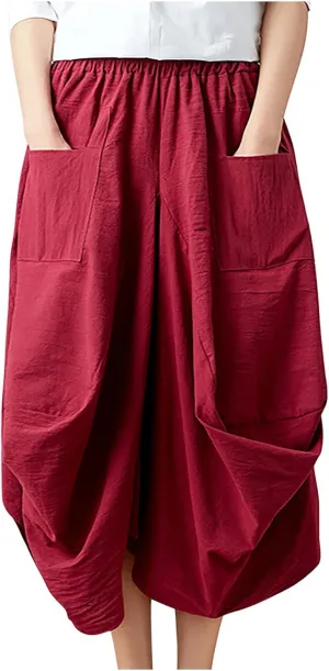Women's Cotton Linen Harem Skirt Loose Fit Baggy Midi Skirts with Pockets Casual Boho Beach Dress Streetwear