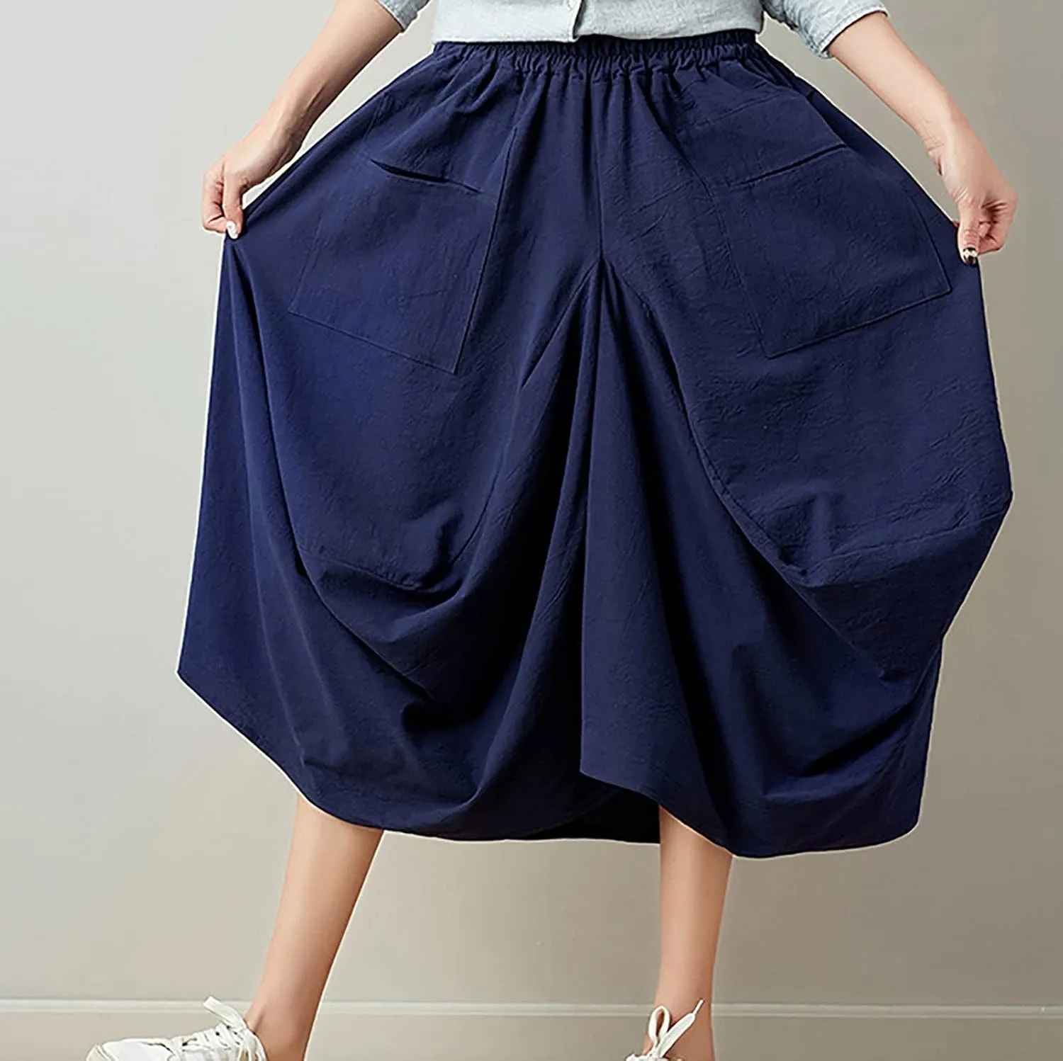 Women's Cotton Linen Harem Skirt Loose Fit Baggy Midi Skirts with Pockets Casual Boho Beach Dress Streetwear