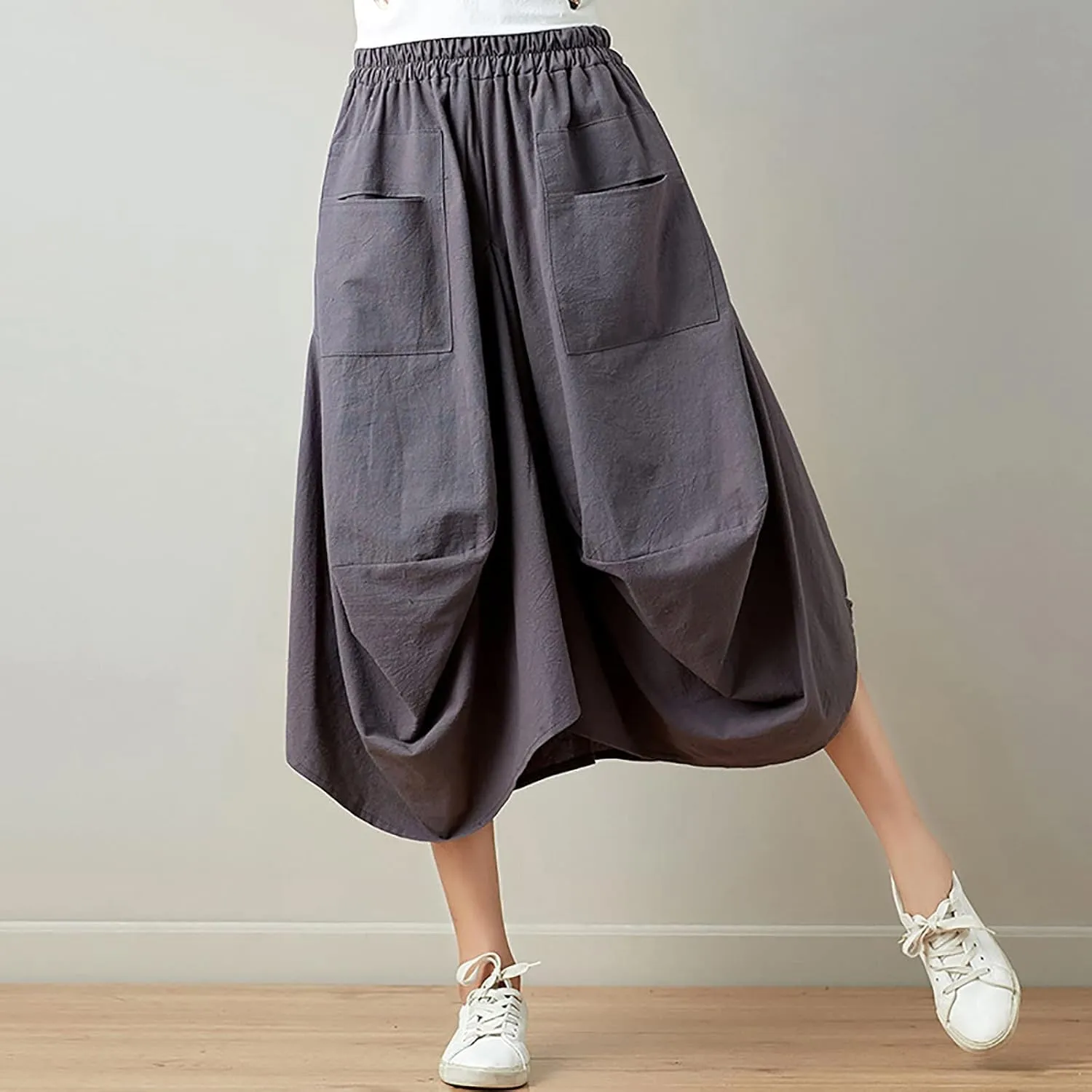 Women's Cotton Linen Harem Skirt Loose Fit Baggy Midi Skirts with Pockets Casual Boho Beach Dress Streetwear