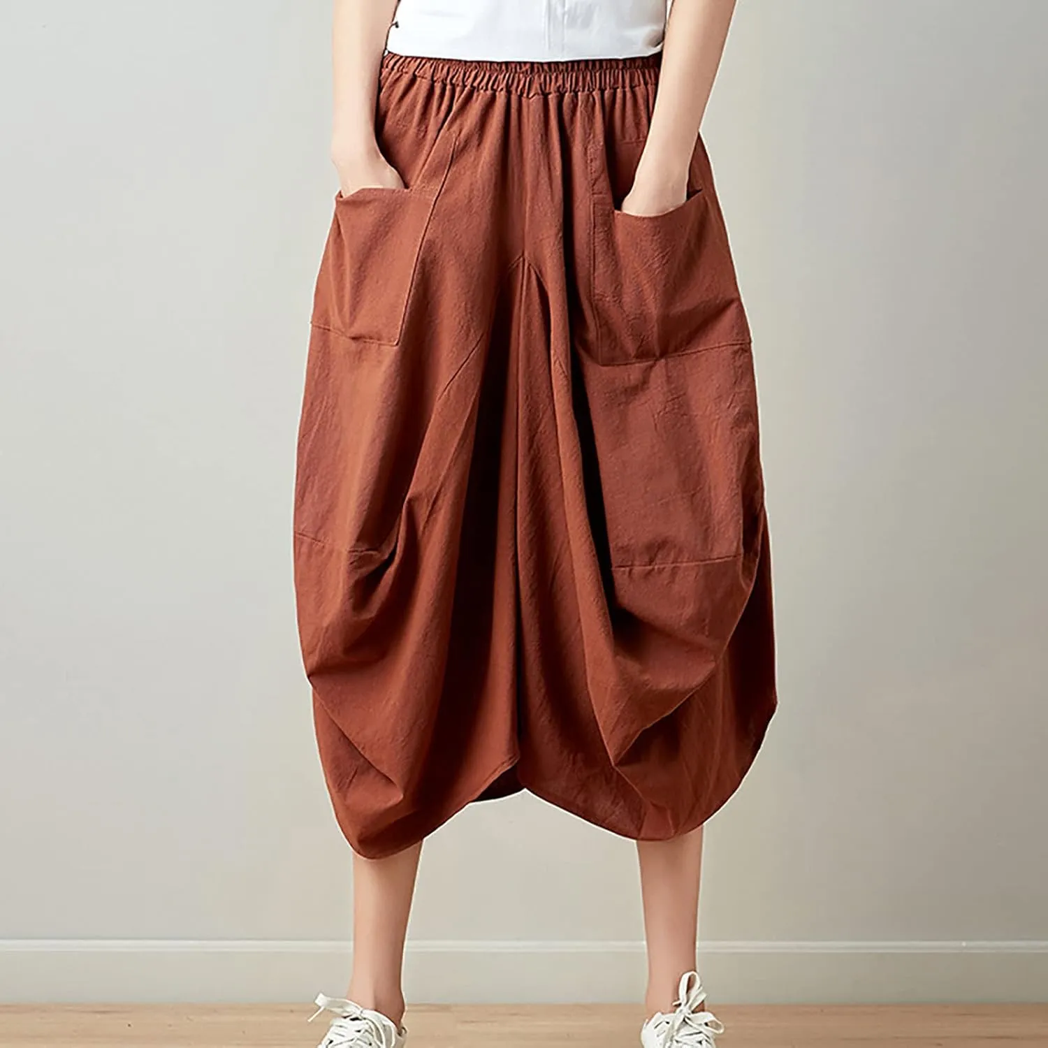 Women's Cotton Linen Harem Skirt Loose Fit Baggy Midi Skirts with Pockets Casual Boho Beach Dress Streetwear