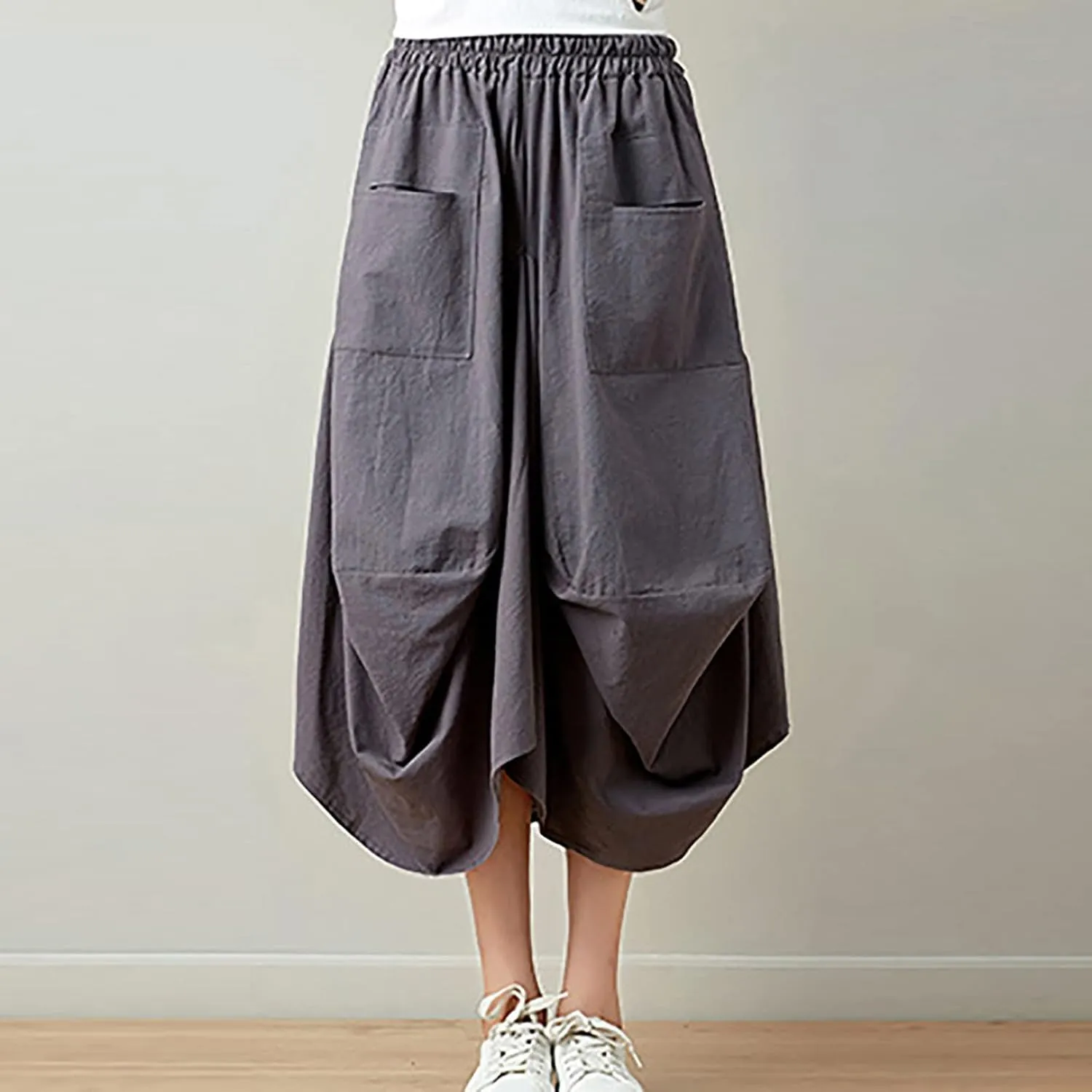 Women's Cotton Linen Harem Skirt Loose Fit Baggy Midi Skirts with Pockets Casual Boho Beach Dress Streetwear