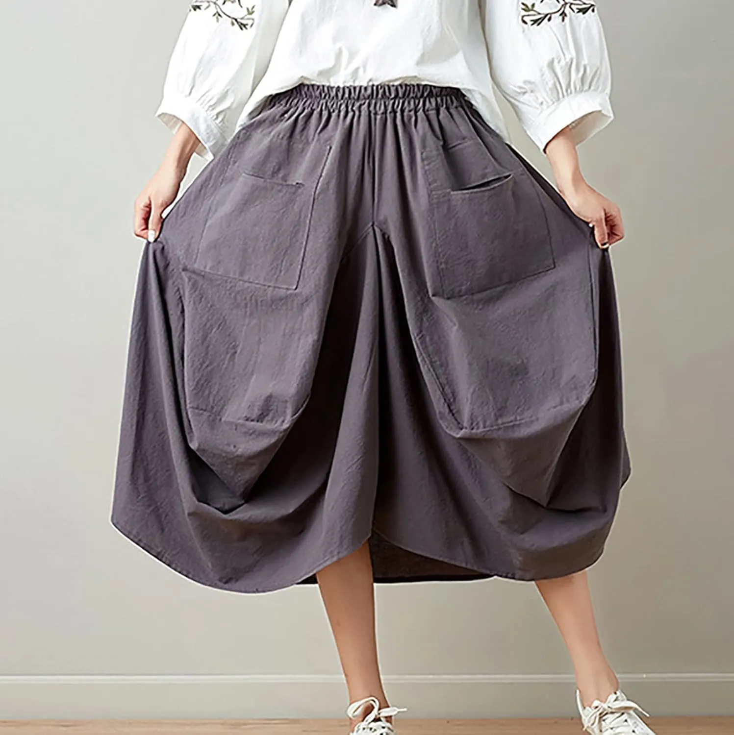 Women's Cotton Linen Harem Skirt Loose Fit Baggy Midi Skirts with Pockets Casual Boho Beach Dress Streetwear