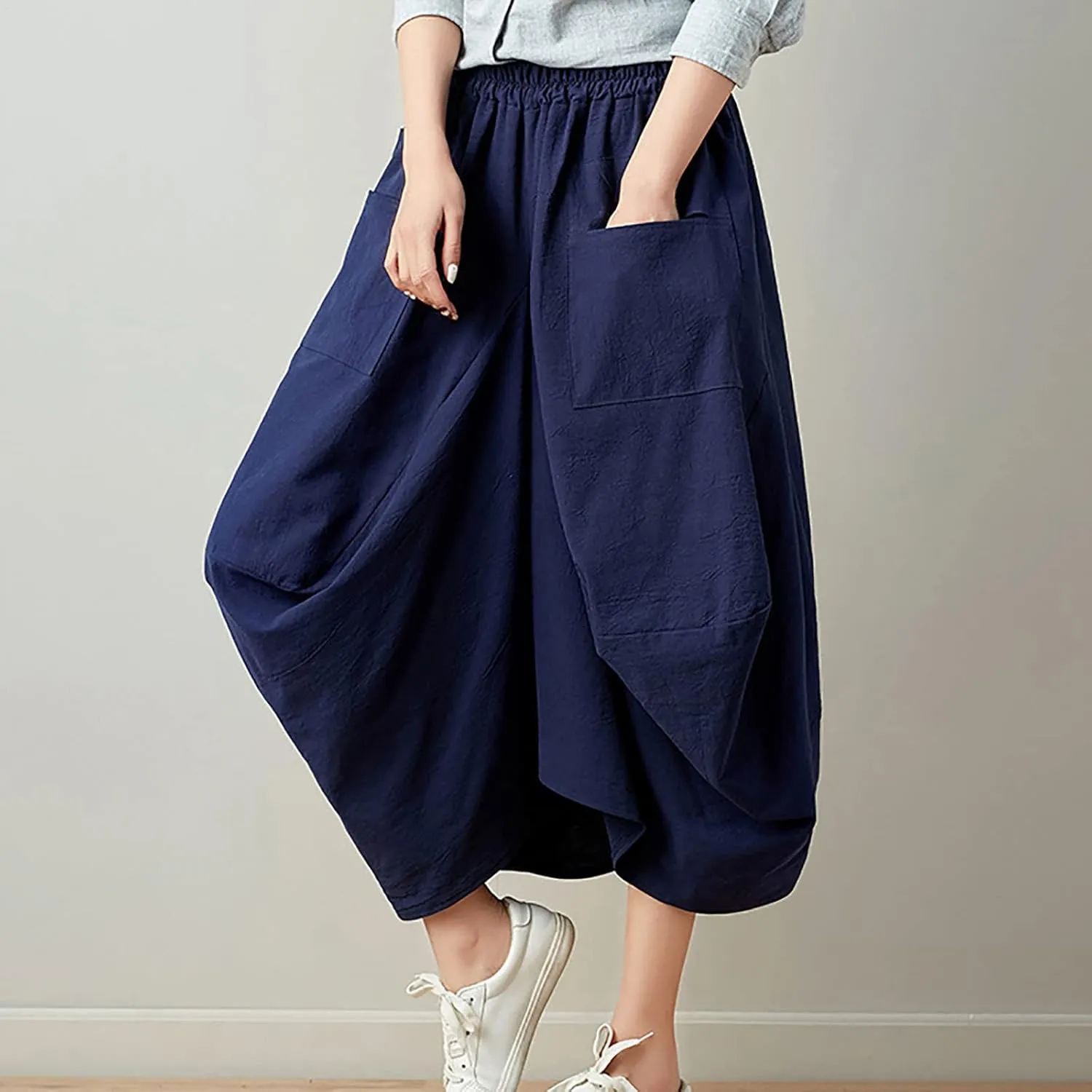 Women's Cotton Linen Harem Skirt Loose Fit Baggy Midi Skirts with Pockets Casual Boho Beach Dress Streetwear
