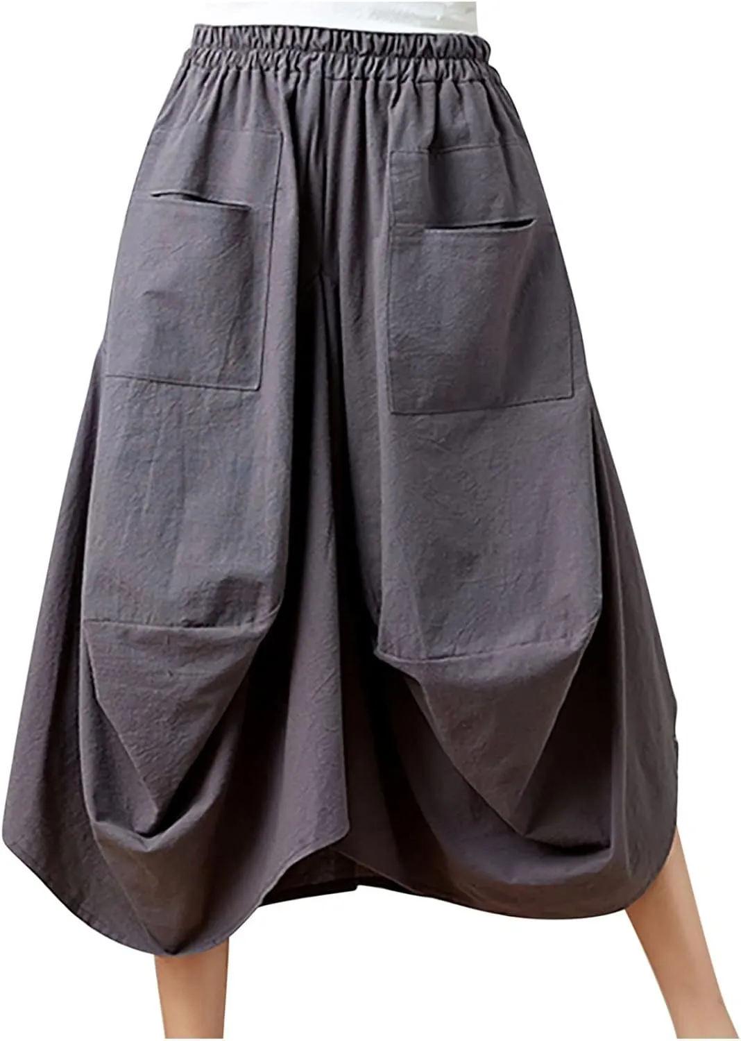 Women's Cotton Linen Harem Skirt Loose Fit Baggy Midi Skirts with Pockets Casual Boho Beach Dress Streetwear