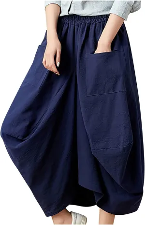 Women's Cotton Linen Harem Skirt Loose Fit Baggy Midi Skirts with Pockets Casual Boho Beach Dress Streetwear