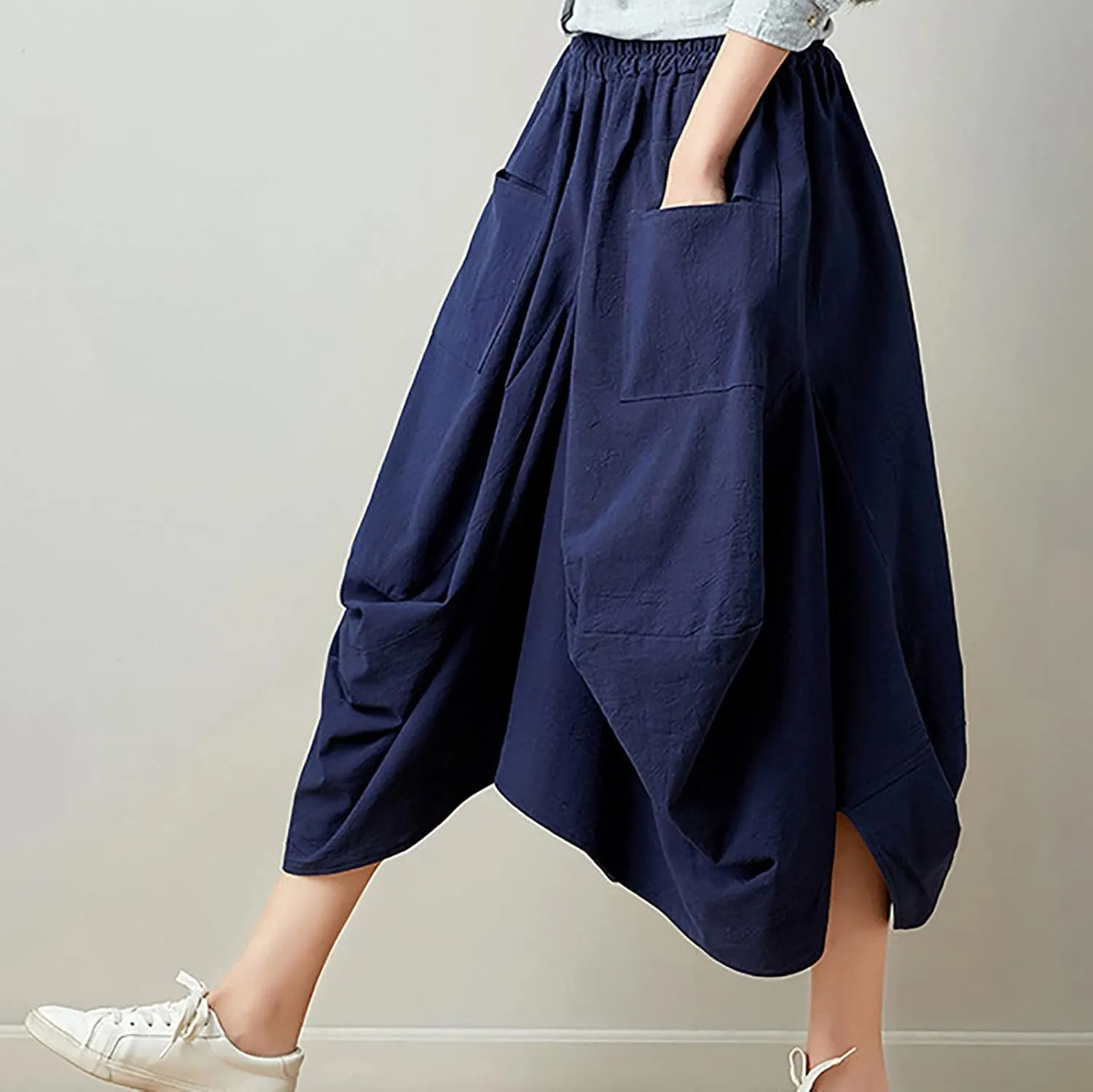 Women's Cotton Linen Harem Skirt Loose Fit Baggy Midi Skirts with Pockets Casual Boho Beach Dress Streetwear