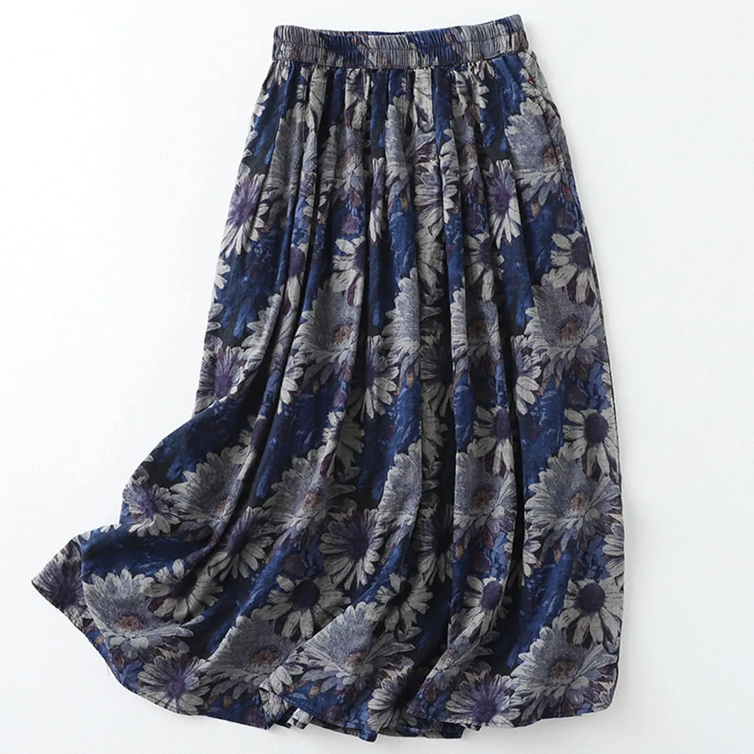 Women's Cotton Linen Skirt, Summer Boho Floral Print Flowy Midi Skirts Elastic Waist Loose Comfy Casual Skirts