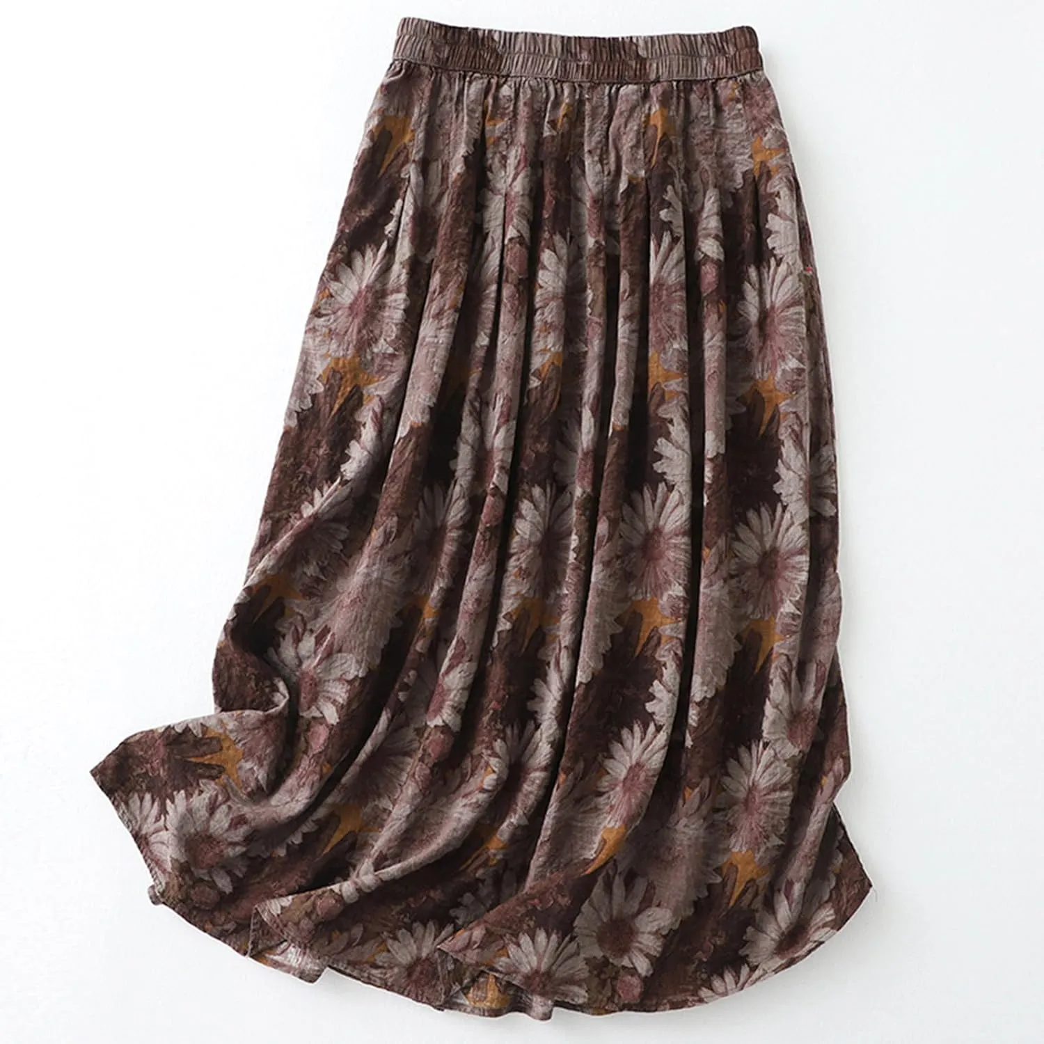 Women's Cotton Linen Skirt, Summer Boho Floral Print Flowy Midi Skirts Elastic Waist Loose Comfy Casual Skirts