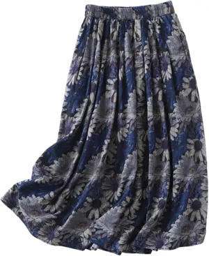 Women's Cotton Linen Skirt, Summer Boho Floral Print Flowy Midi Skirts Elastic Waist Loose Comfy Casual Skirts