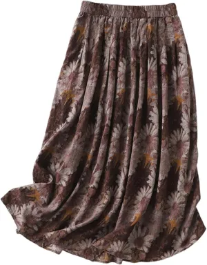 Women's Cotton Linen Skirt, Summer Boho Floral Print Flowy Midi Skirts Elastic Waist Loose Comfy Casual Skirts