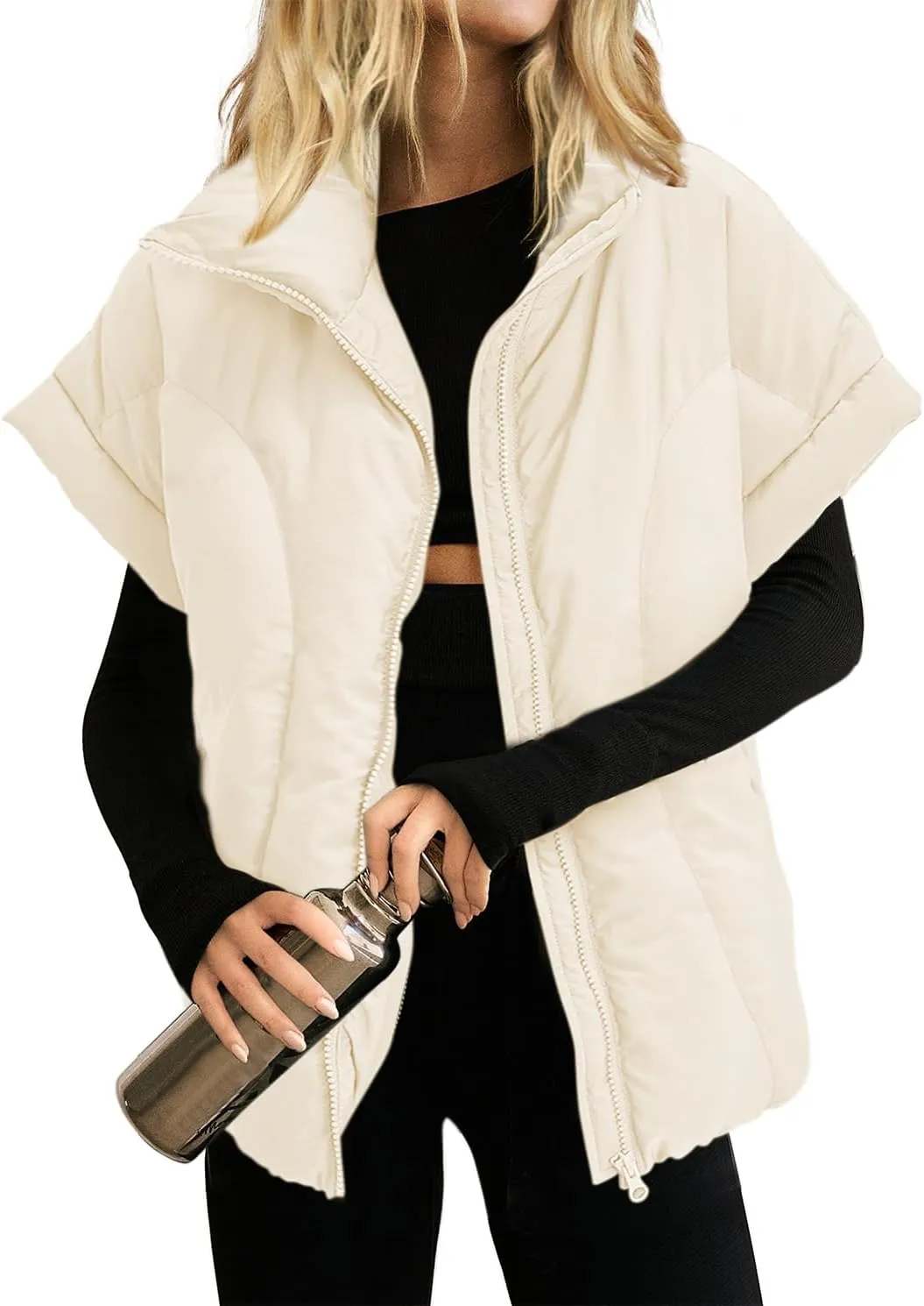 Womens Cropped Puffer Vest Oversized Padded Jackets Stand Collar Cap Sleeve Zip Up Vest Coat Winter Outfits