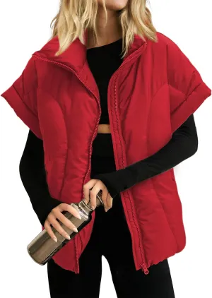 Womens Cropped Puffer Vest Oversized Padded Jackets Stand Collar Cap Sleeve Zip Up Vest Coat Winter Outfits