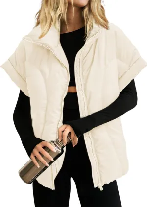 Womens Cropped Puffer Vest Oversized Padded Jackets Stand Collar Cap Sleeve Zip Up Vest Coat Winter Outfits
