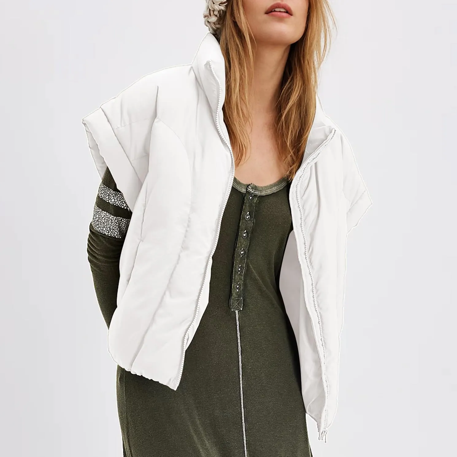 Womens Cropped Puffer Vest Oversized Padded Jackets Stand Collar Cap Sleeve Zip Up Vest Coat Winter Outfits