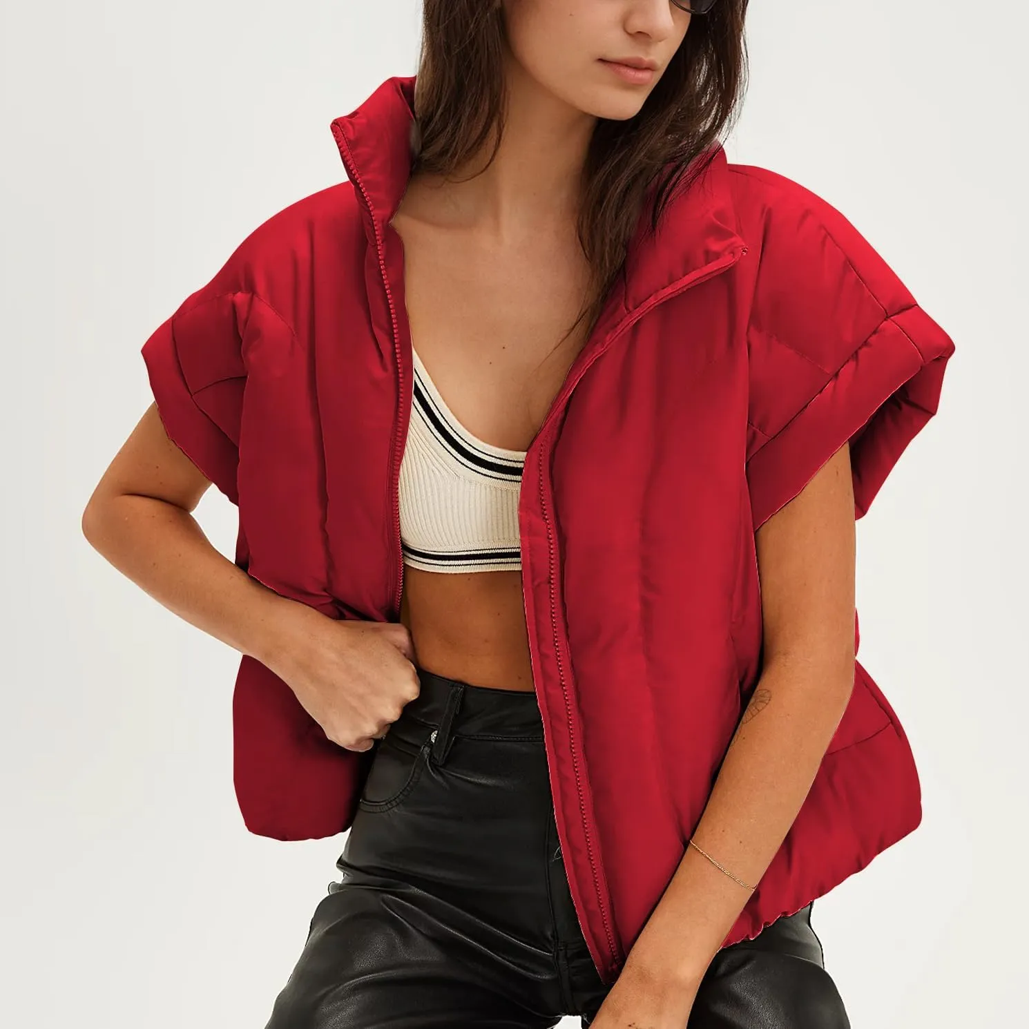 Womens Cropped Puffer Vest Oversized Padded Jackets Stand Collar Cap Sleeve Zip Up Vest Coat Winter Outfits