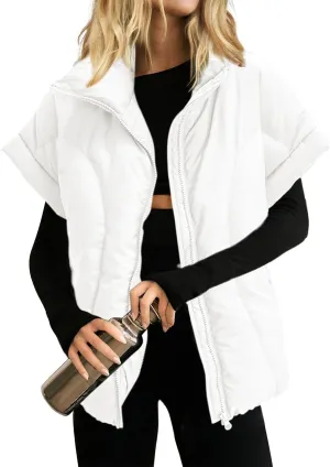 Womens Cropped Puffer Vest Oversized Padded Jackets Stand Collar Cap Sleeve Zip Up Vest Coat Winter Outfits