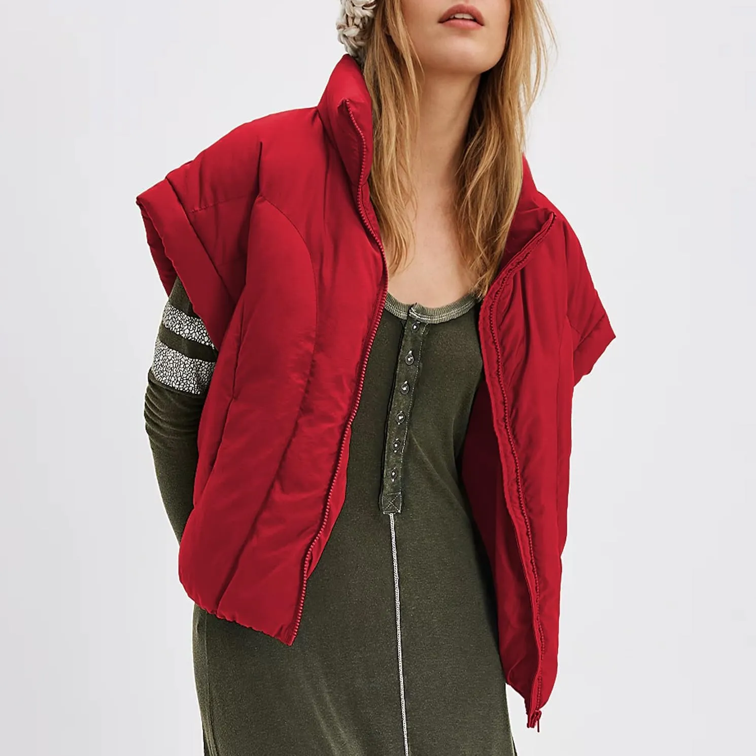 Womens Cropped Puffer Vest Oversized Padded Jackets Stand Collar Cap Sleeve Zip Up Vest Coat Winter Outfits