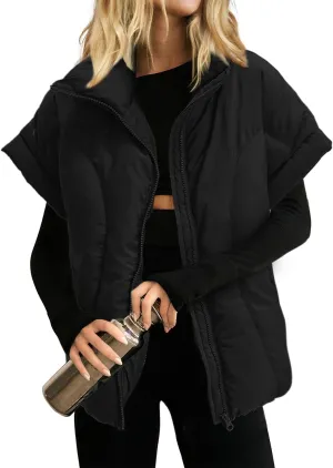 Womens Cropped Puffer Vest Oversized Padded Jackets Stand Collar Cap Sleeve Zip Up Vest Coat Winter Outfits