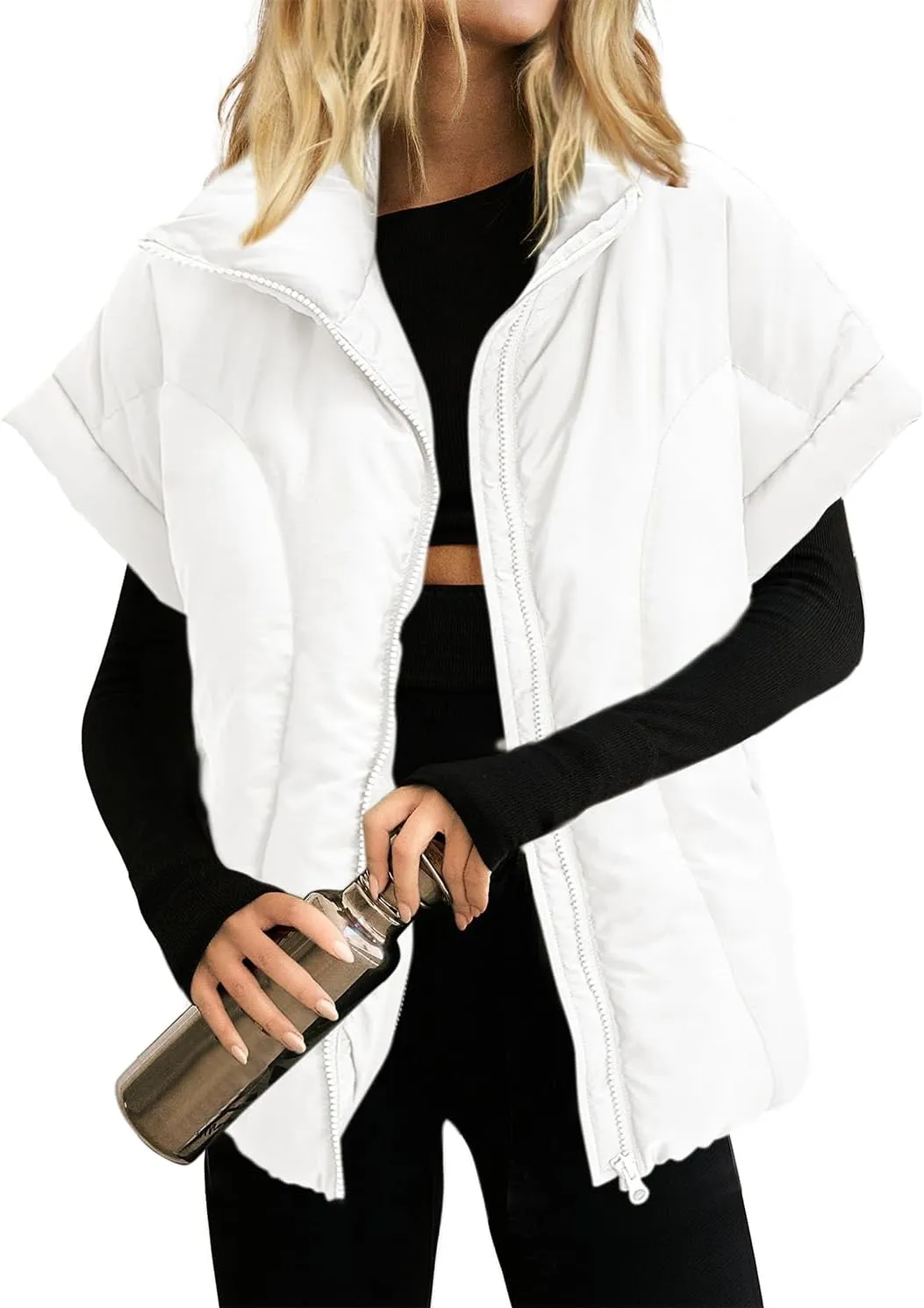 Womens Cropped Puffer Vest Oversized Padded Jackets Stand Collar Cap Sleeve Zip Up Vest Coat Winter Outfits