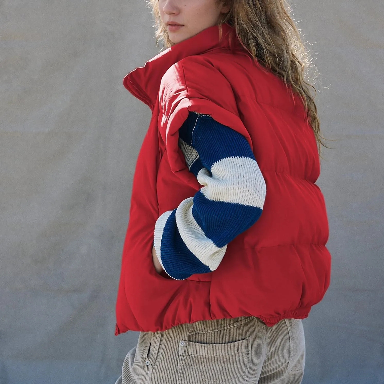 Womens Cropped Puffer Vest Oversized Padded Jackets Stand Collar Cap Sleeve Zip Up Vest Coat Winter Outfits