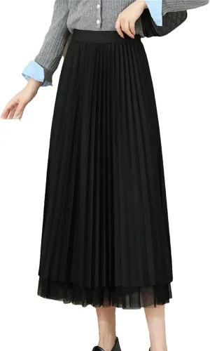 Women's Double-Layer Mesh Skirt, Elastic Waist Maxi