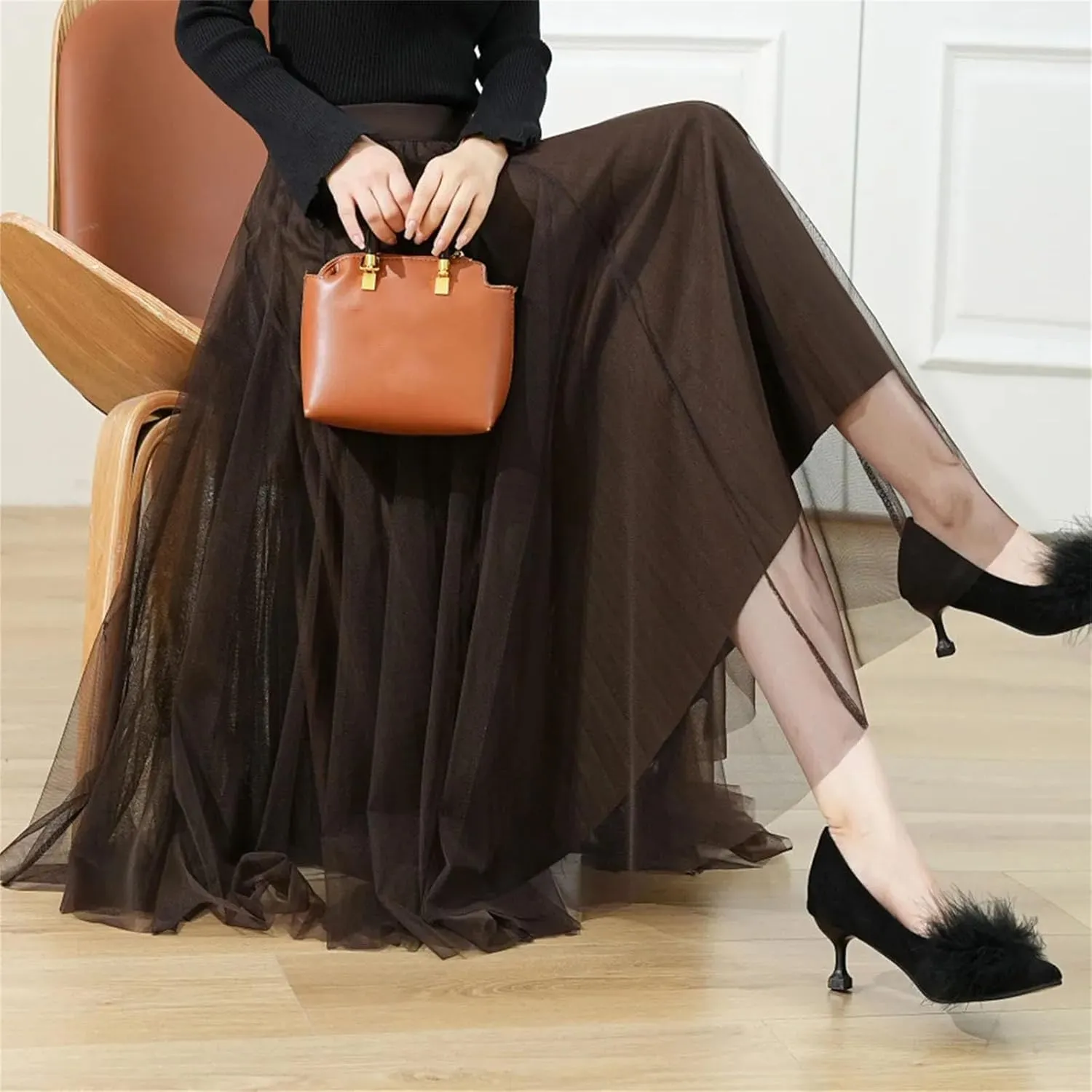 Women's Double-Layer Mesh Skirt, Elastic Waist Maxi