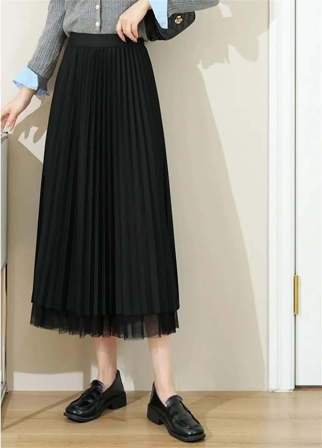 Women's Double-Layer Mesh Skirt, Elastic Waist Maxi