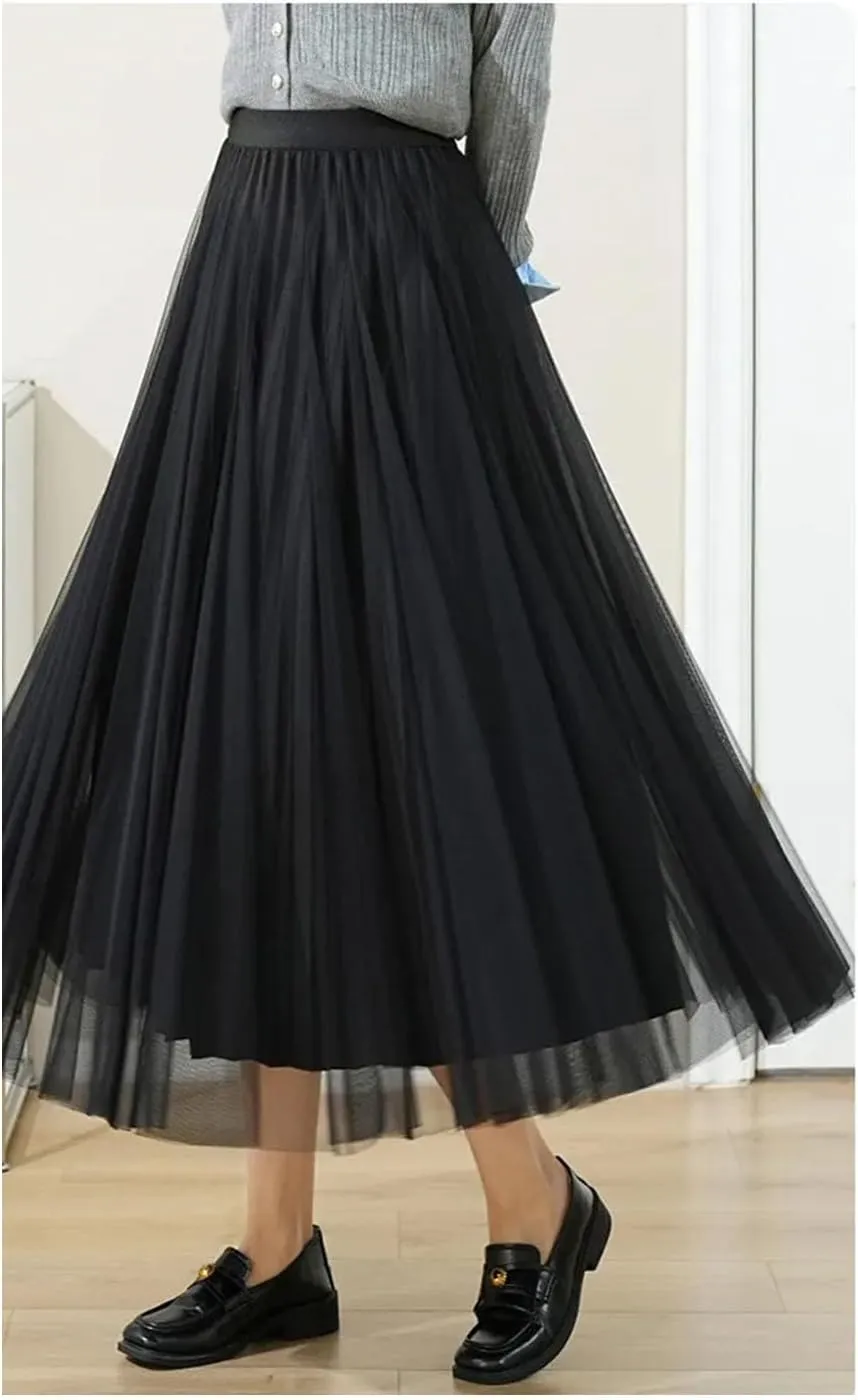 Women's Double-Layer Mesh Skirt, Elastic Waist Maxi