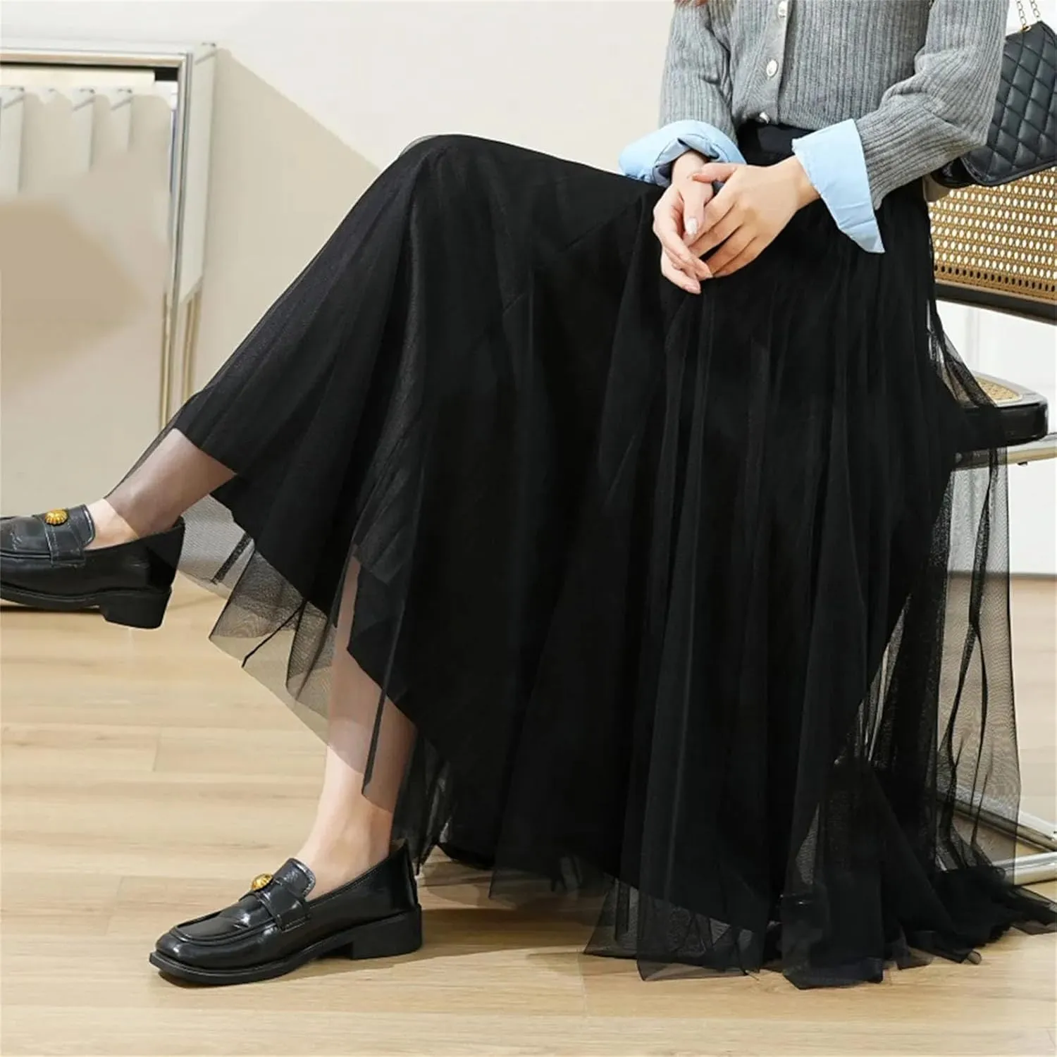 Women's Double-Layer Mesh Skirt, Elastic Waist Maxi