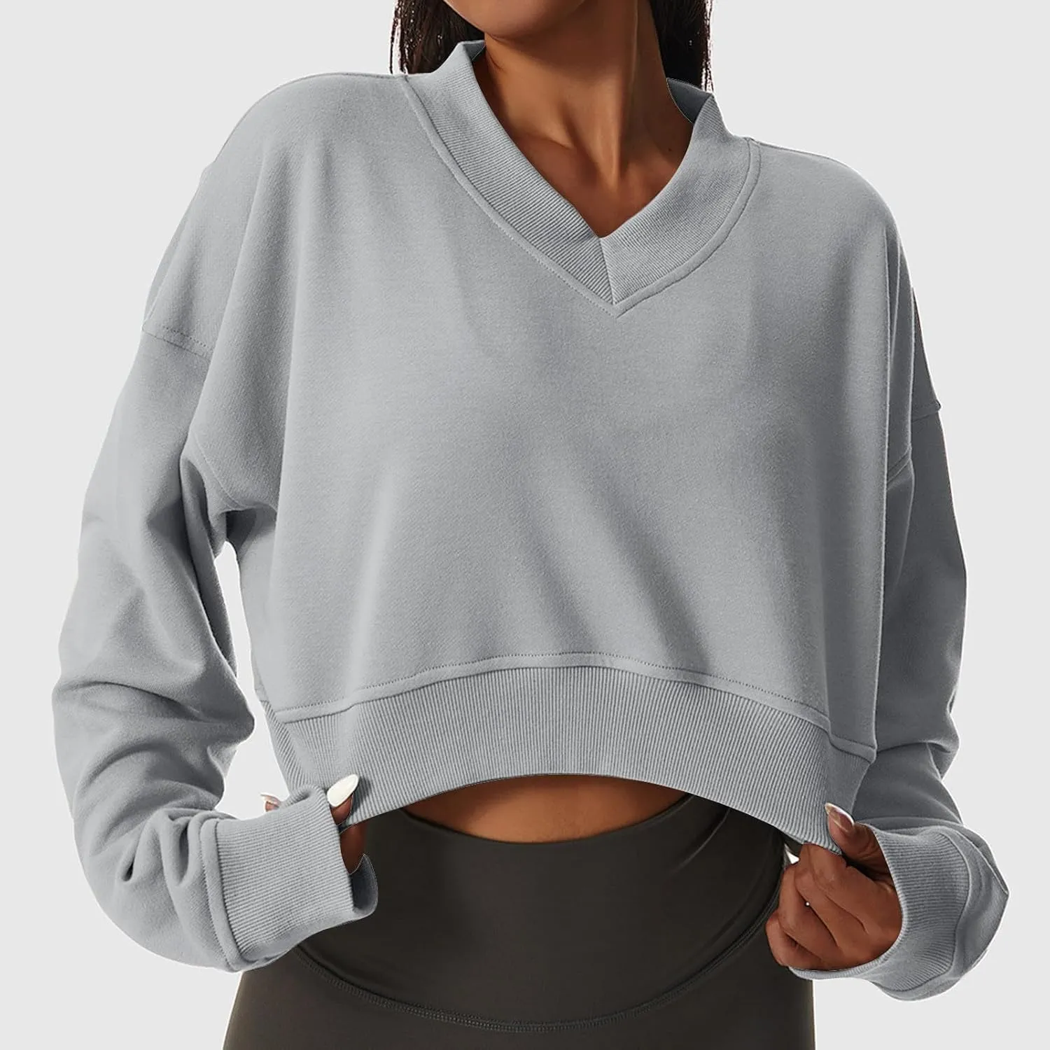 Women's Fleece Lined Sweatshirt Drop Shoulder Slouchy Cropped Tops Long Sleeve Crew Neck Pullover Fall Preppy Clothes