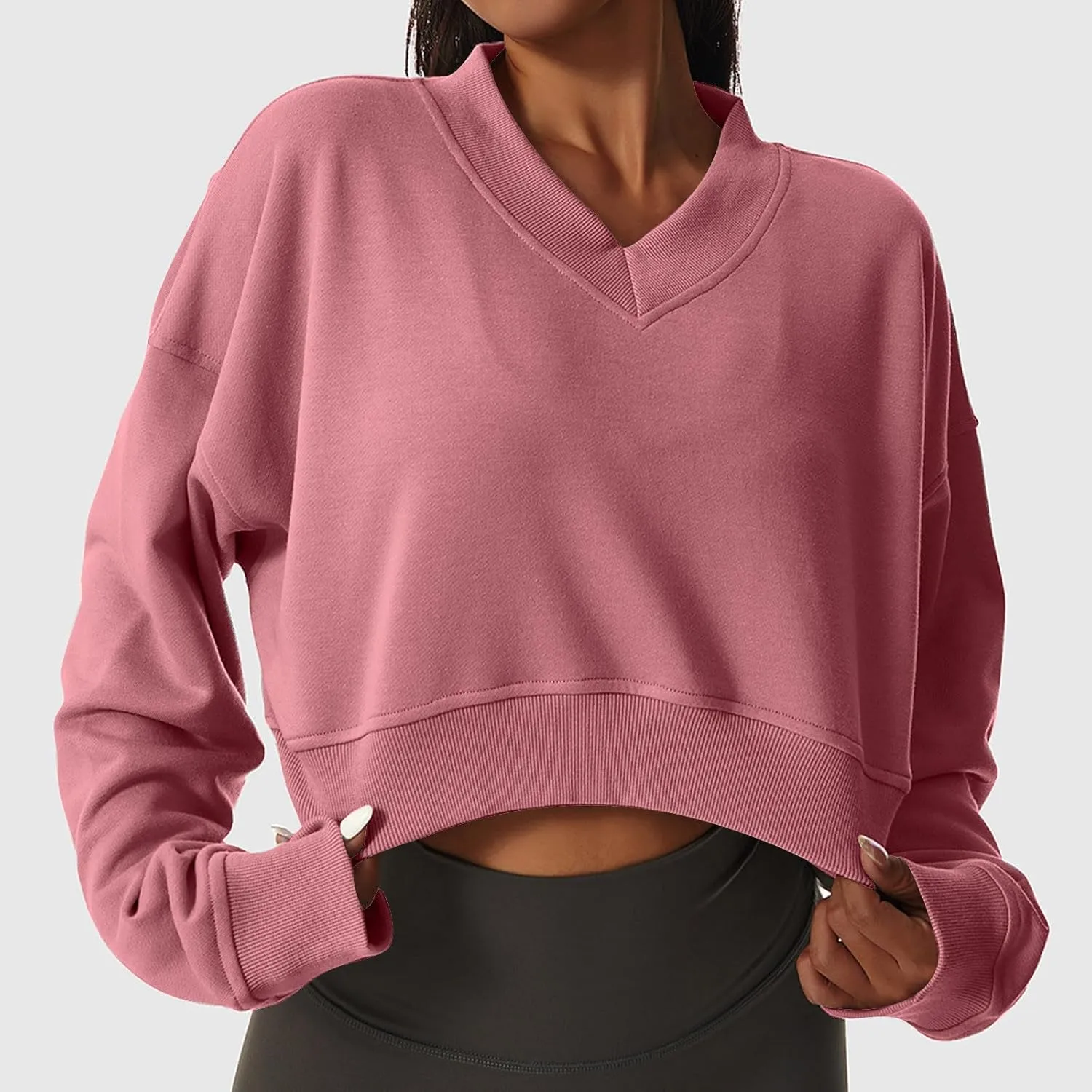 Women's Fleece Lined Sweatshirt Drop Shoulder Slouchy Cropped Tops Long Sleeve Crew Neck Pullover Fall Preppy Clothes