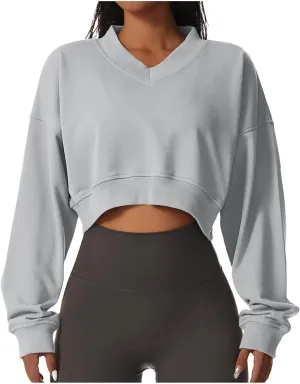 Women's Fleece Lined Sweatshirt Drop Shoulder Slouchy Cropped Tops Long Sleeve Crew Neck Pullover Fall Preppy Clothes