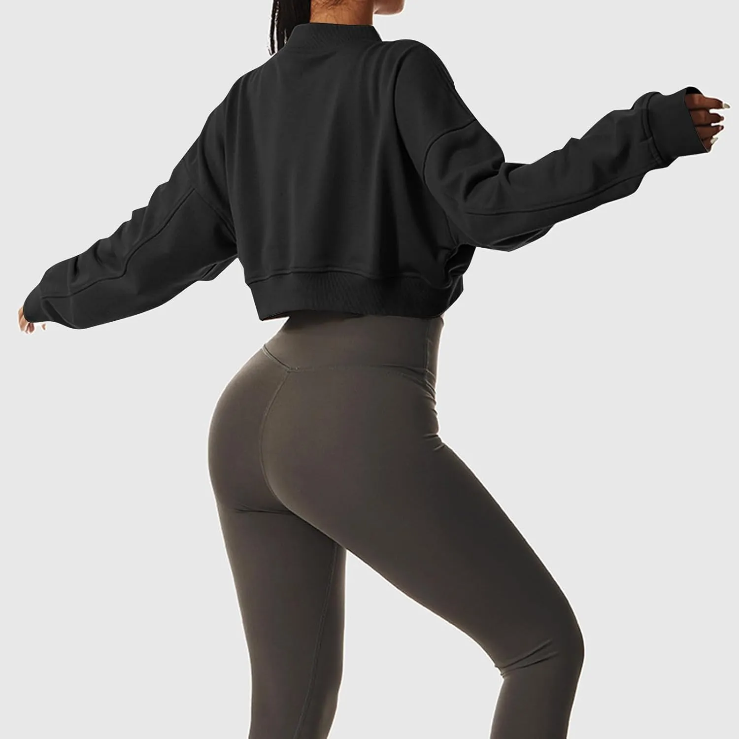 Women's Fleece Lined Sweatshirt Drop Shoulder Slouchy Cropped Tops Long Sleeve Crew Neck Pullover Fall Preppy Clothes