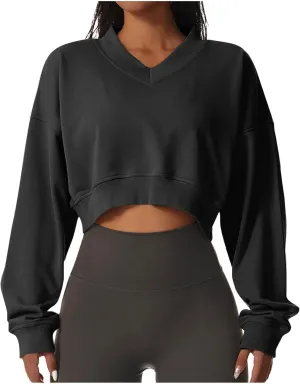 Women's Fleece Lined Sweatshirt Drop Shoulder Slouchy Cropped Tops Long Sleeve Crew Neck Pullover Fall Preppy Clothes