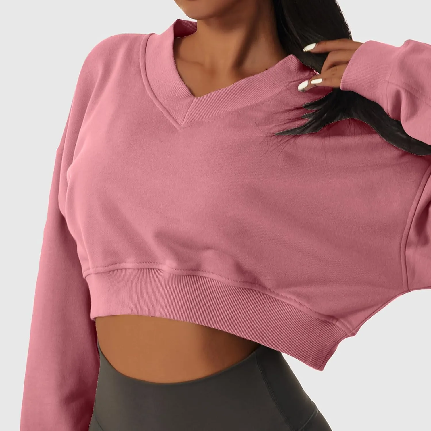 Women's Fleece Lined Sweatshirt Drop Shoulder Slouchy Cropped Tops Long Sleeve Crew Neck Pullover Fall Preppy Clothes