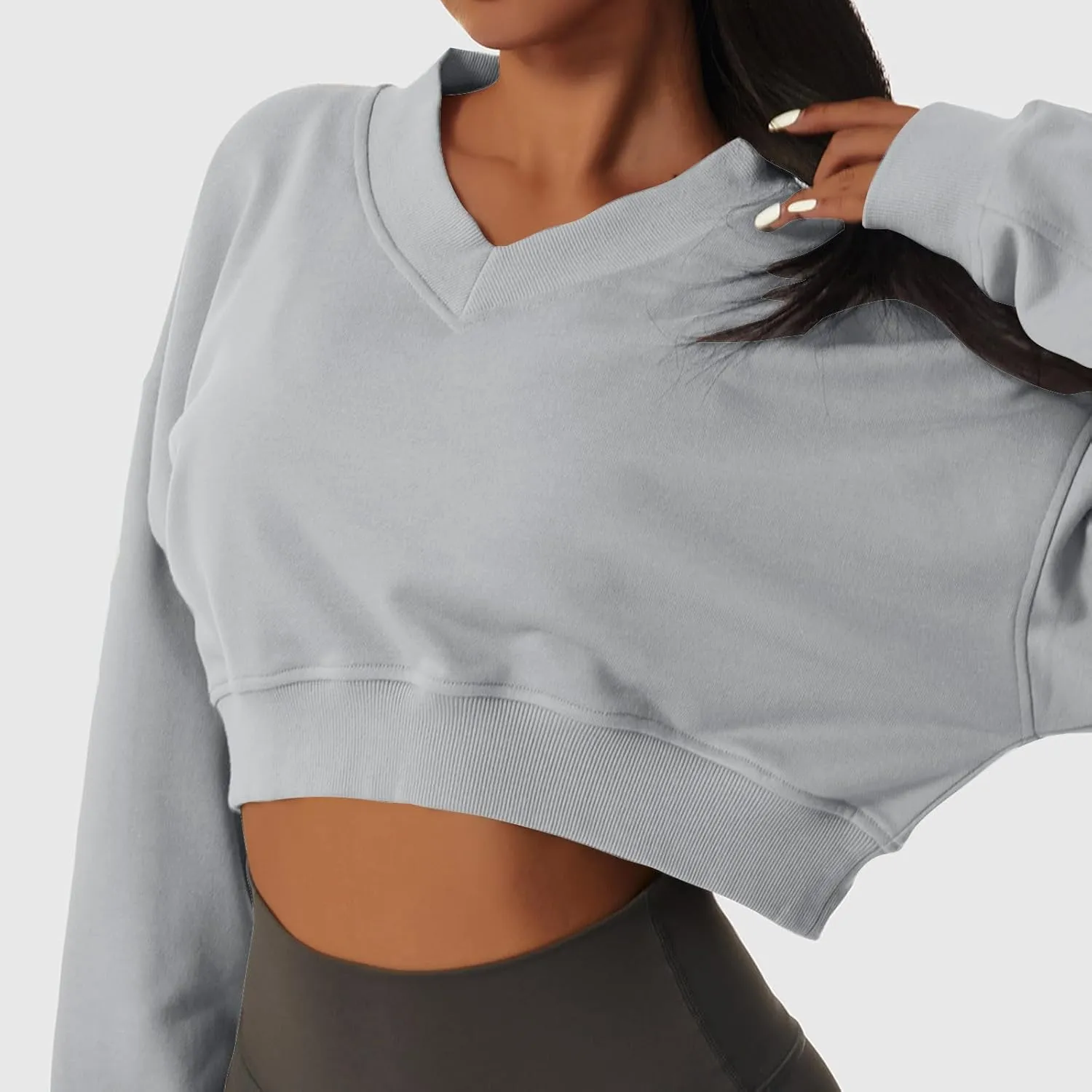 Women's Fleece Lined Sweatshirt Drop Shoulder Slouchy Cropped Tops Long Sleeve Crew Neck Pullover Fall Preppy Clothes