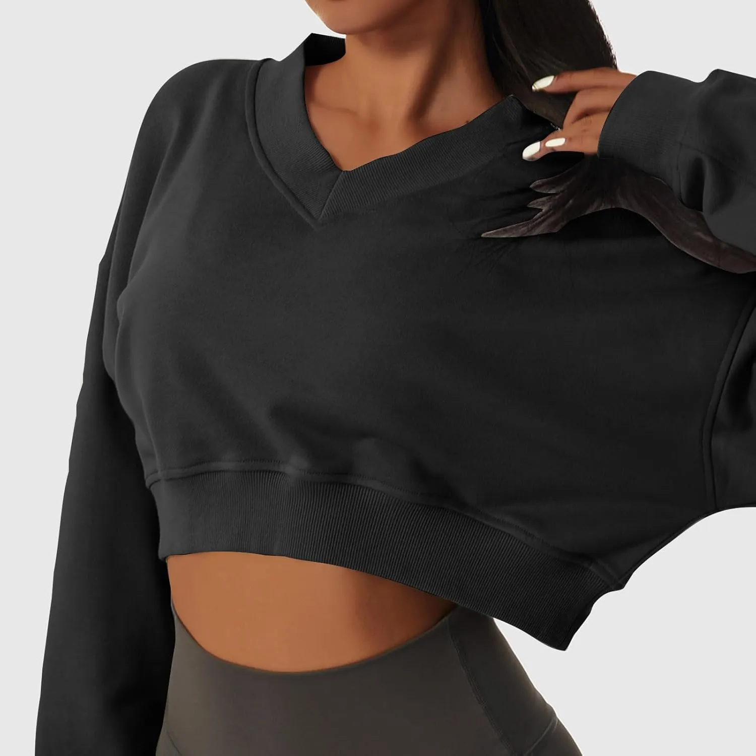 Women's Fleece Lined Sweatshirt Drop Shoulder Slouchy Cropped Tops Long Sleeve Crew Neck Pullover Fall Preppy Clothes